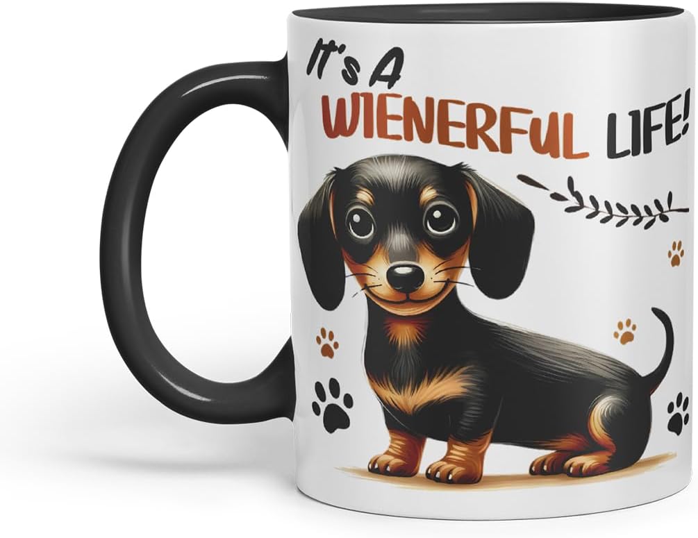 Vixar It’s A Wienerful Life Dachshund Dog Mug – Coloured Ceramic Mug Cup Gift, 11oz (Black)