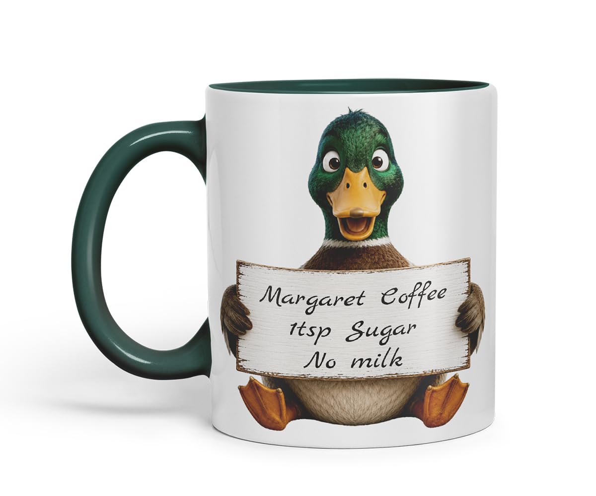 Vixar Personalised Duck Mug with Name or Custom Message – Cute Animal Coloured Ceramic Mug Cup Gift, 11oz (Black)