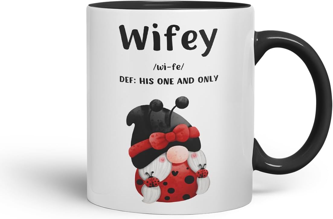 Vixar Wifey Definition Gnome Couple Mug – Coloured Ceramic Mug Cup Gift, 11oz (Black)