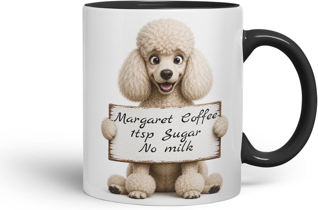 Vixar Personalised Poodle Mug with Name or Custom Message – Cute Animal Coloured Ceramic Mug Cup Gift, 11oz (Black)