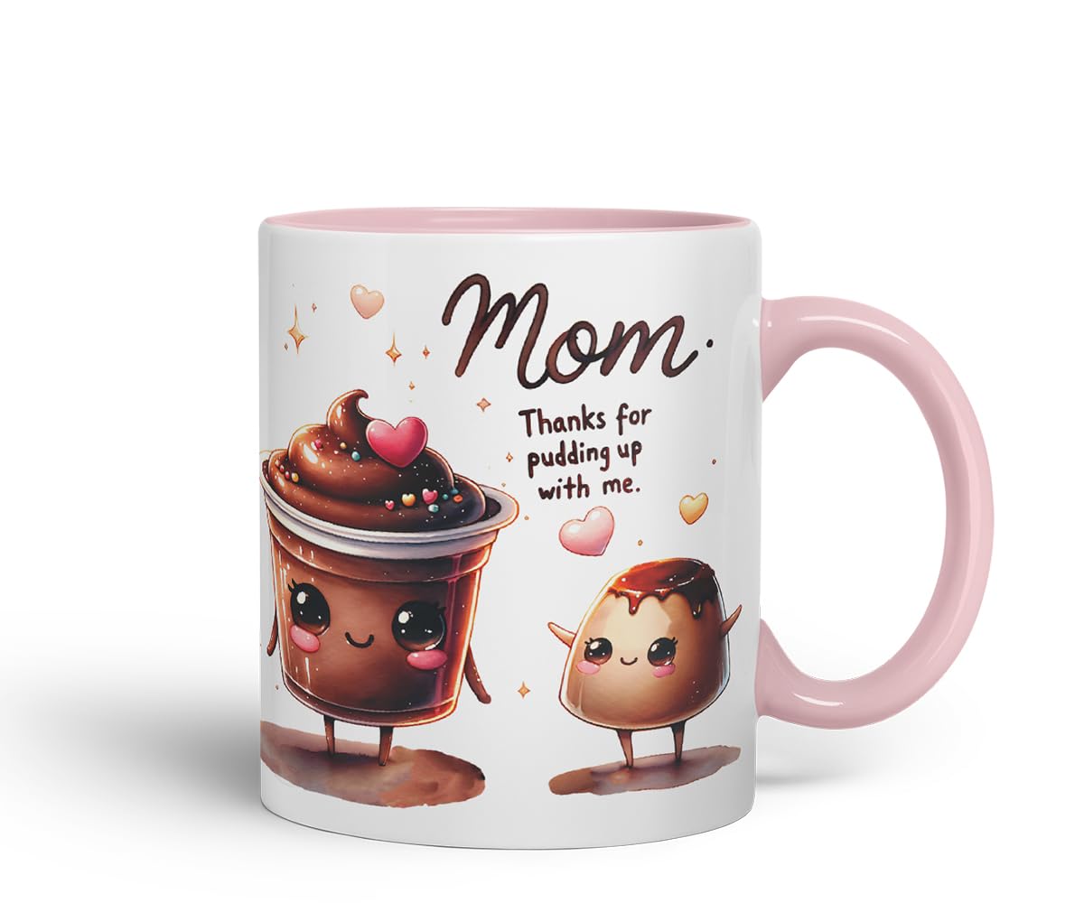 Vixar Mom Thanks for Pudding Up with Me Funny Pudding Mug Mother Mum – Coloured Ceramic Mug Cup Gift, 11oz (Black)
