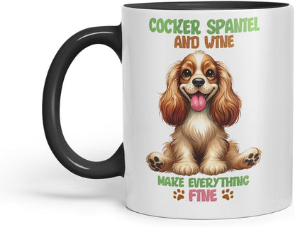Vixar Cocker Spaniel and Wine Make Everything Fine Dog Mug – Coloured Ceramic Mug Cup Gift, 11oz (Black)