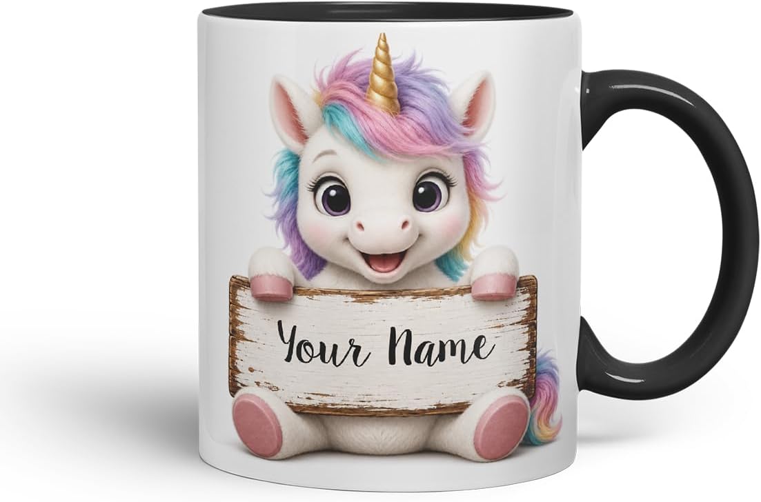Vixar Personalised Pastel Unicorn Mug with Name or Custom Message – Cute Animal Coloured Ceramic Mug Cup Gift, 11oz (Black)