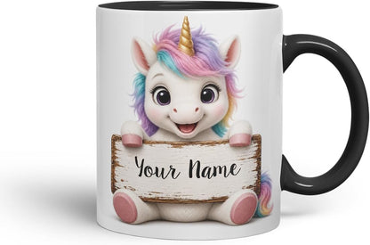 Vixar Personalised Pastel Unicorn Mug with Name or Custom Message – Cute Animal Coloured Ceramic Mug Cup Gift, 11oz (Black)
