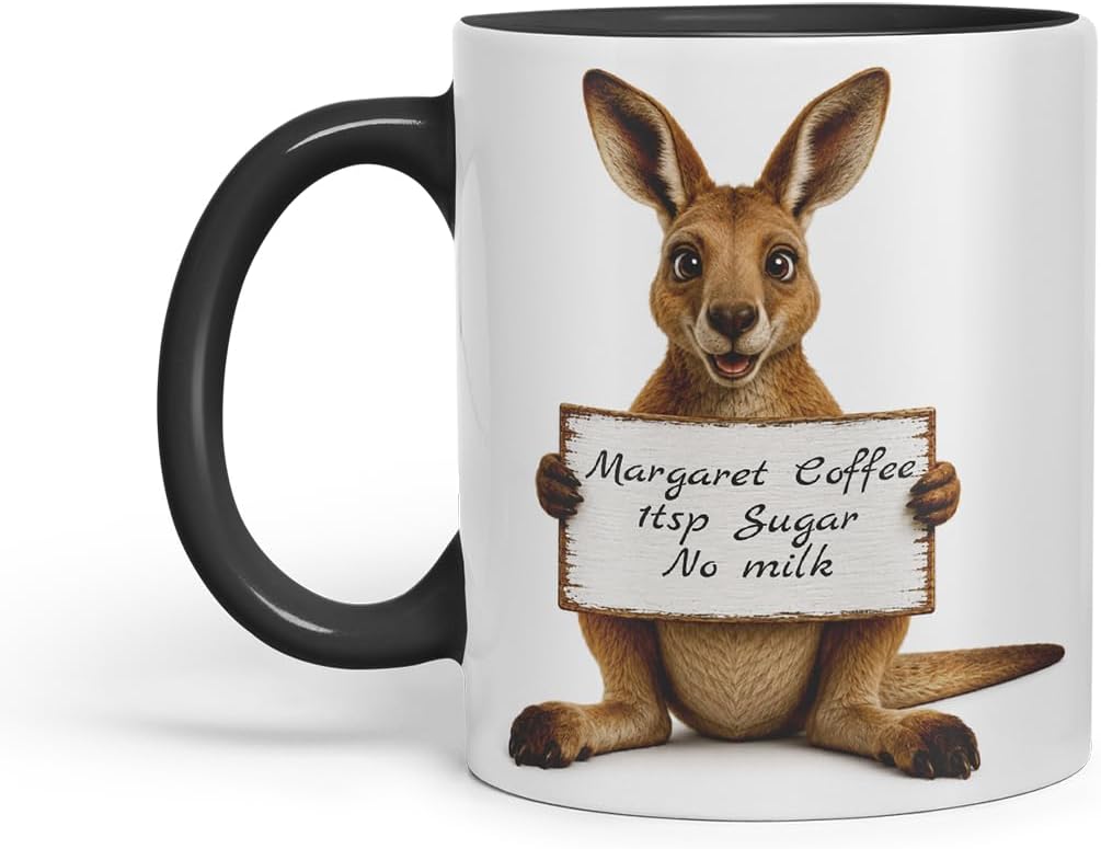 Vixar Personalised Kangaroo Mug with Name or Custom Message – Cute Animal Coloured Ceramic Mug Cup Gift, 11oz (Black)