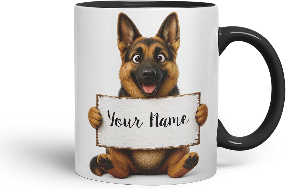 Vixar Personalised German Shepherd Dog Pet Mug with Name or Custom Message – Cute Animal Coloured Ceramic Mug Cup Gift, 11oz (Black)