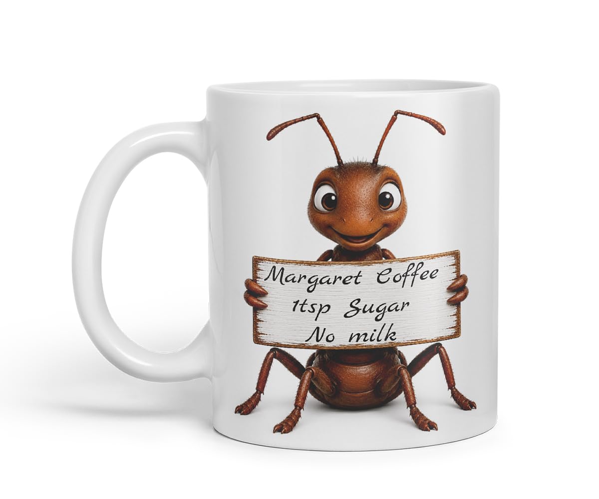 Vixar Personalised Ant Mug with Name or Custom Message – Cute Animal Coloured Ceramic Mug Cup Gift, 11oz (Black)