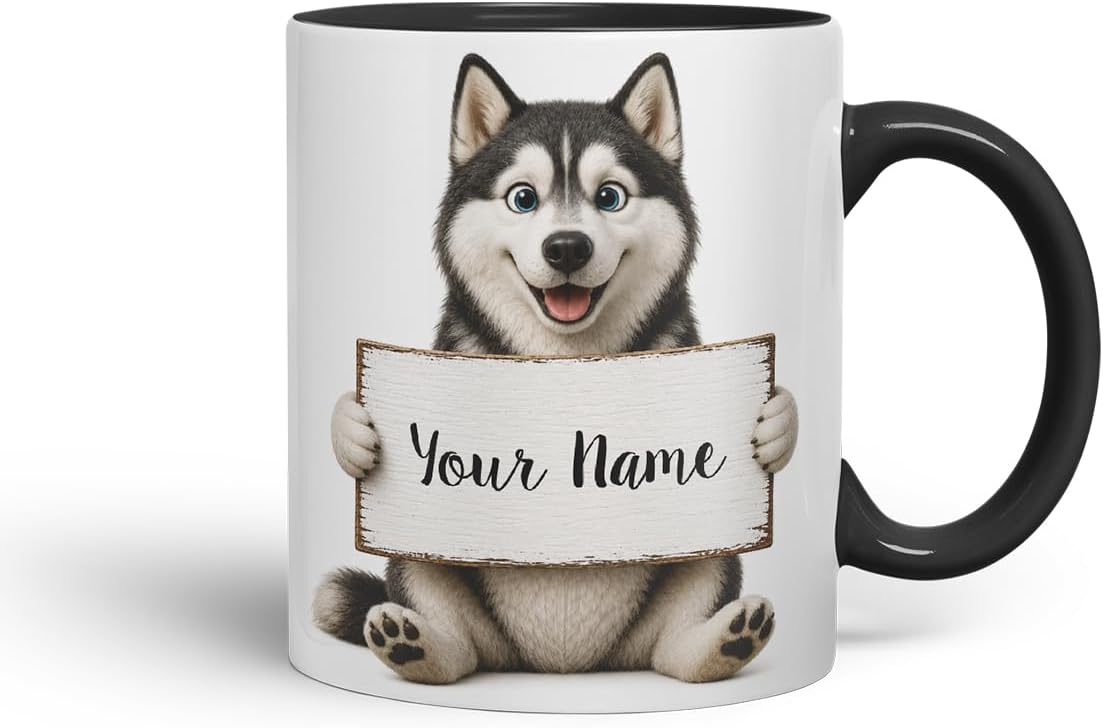Vixar Personalised Husky Mug with Name or Custom Message – Cute Animal Coloured Ceramic Mug Cup Gift, 11oz (Black)