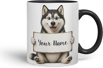 Vixar Personalised Husky Mug with Name or Custom Message – Cute Animal Coloured Ceramic Mug Cup Gift, 11oz (Black)