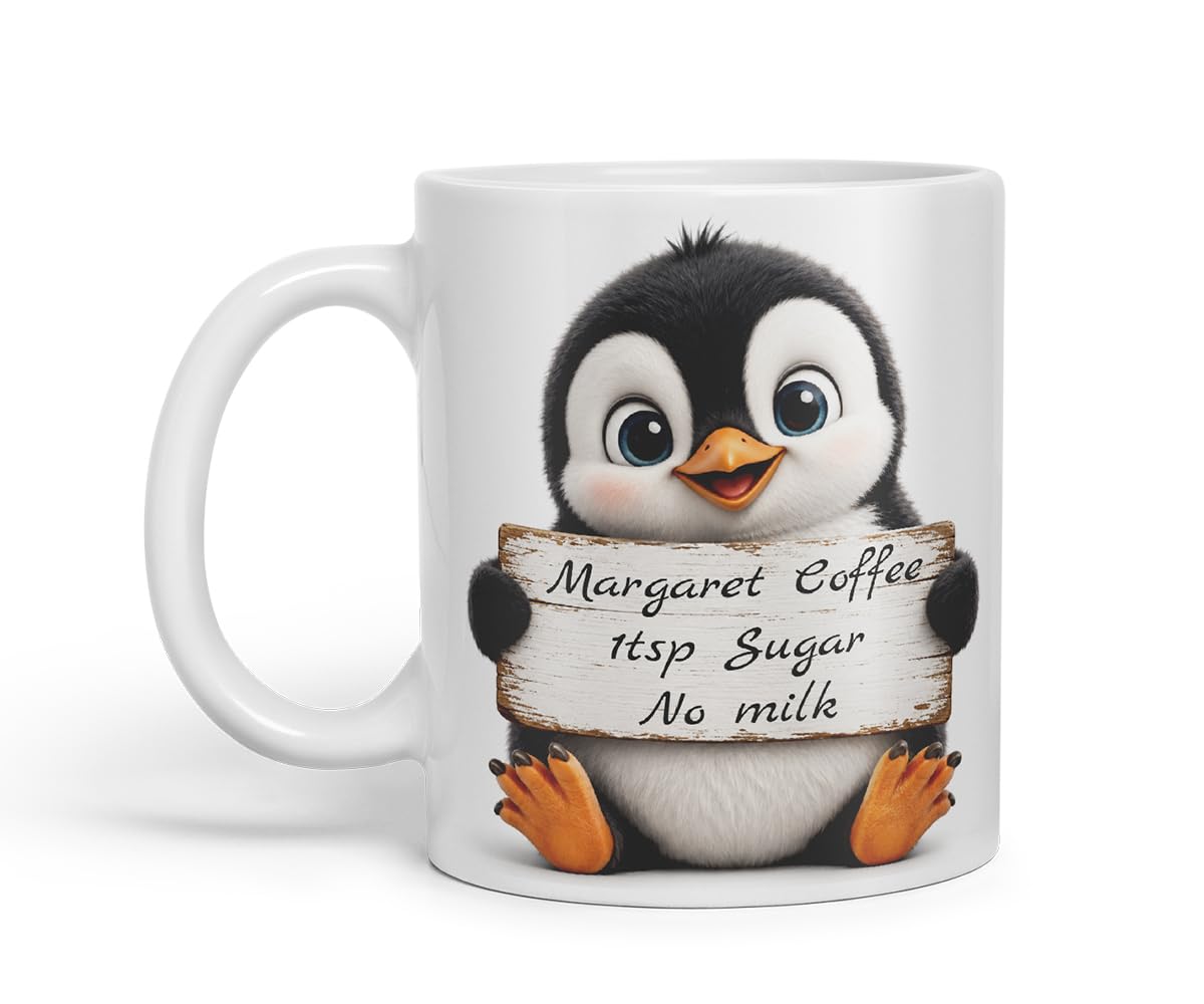 Vixar Personalised Penguin Mug with Name or Custom Message – Cute Animal Coloured Ceramic Mug Cup Gift, 11oz (Black)