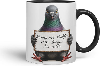 Vixar Personalised Pigeon Mug with Name or Custom Message – Cute Animal Coloured Ceramic Mug Cup Gift, 11oz (Black)