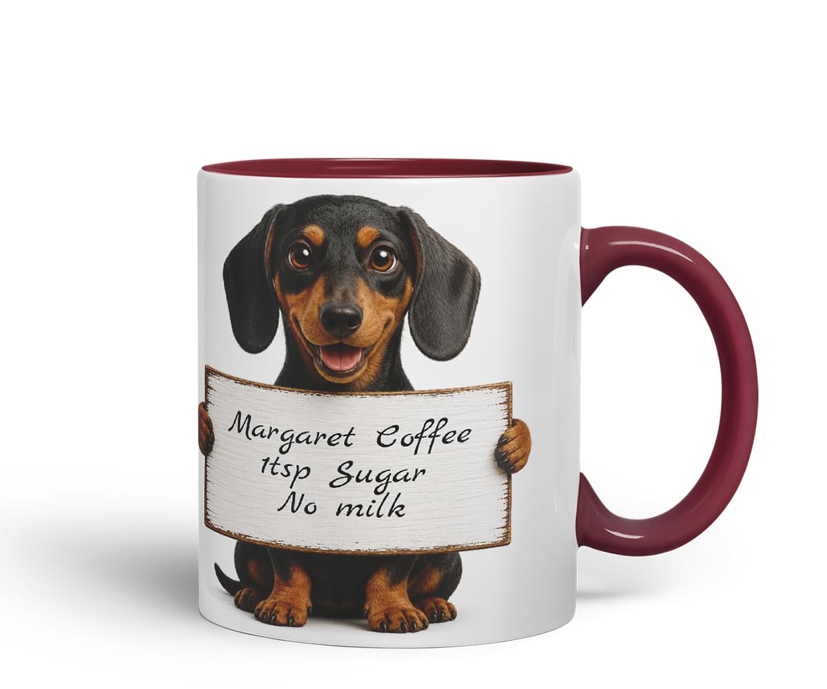 Vixar Personalised Dachshund Dog Pet Mug with Name or Custom Message – Cute Animal Coloured Ceramic Mug Cup Gift, 11oz (Black)