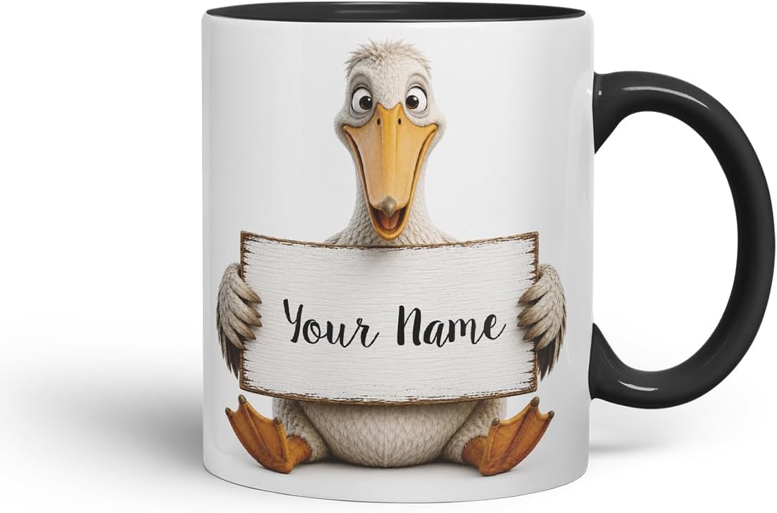 Vixar Personalised Pelican Mug with Name or Custom Message – Cute Animal Coloured Ceramic Mug Cup Gift, 11oz (Black)