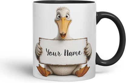 Vixar Personalised Pelican Mug with Name or Custom Message – Cute Animal Coloured Ceramic Mug Cup Gift, 11oz (Black)