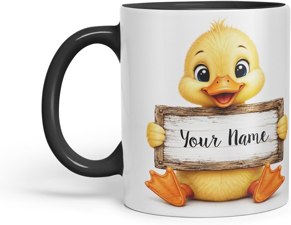 Vixar Personalised Duckling Mug with Name or Custom Message – Cute Animal Coloured Ceramic Mug Cup Gift, 11oz (Black)