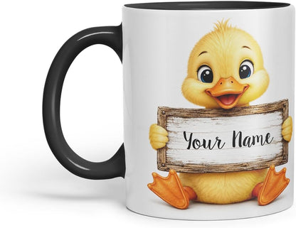 Vixar Personalised Duckling Mug with Name or Custom Message – Cute Animal Coloured Ceramic Mug Cup Gift, 11oz (Black)