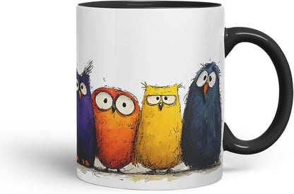 Vixar Funny Colourful Owl Friends Design – Cute Bird Character Mug for Animals Lovers, Coloured Mug Cup Gift, 11oz (Black)