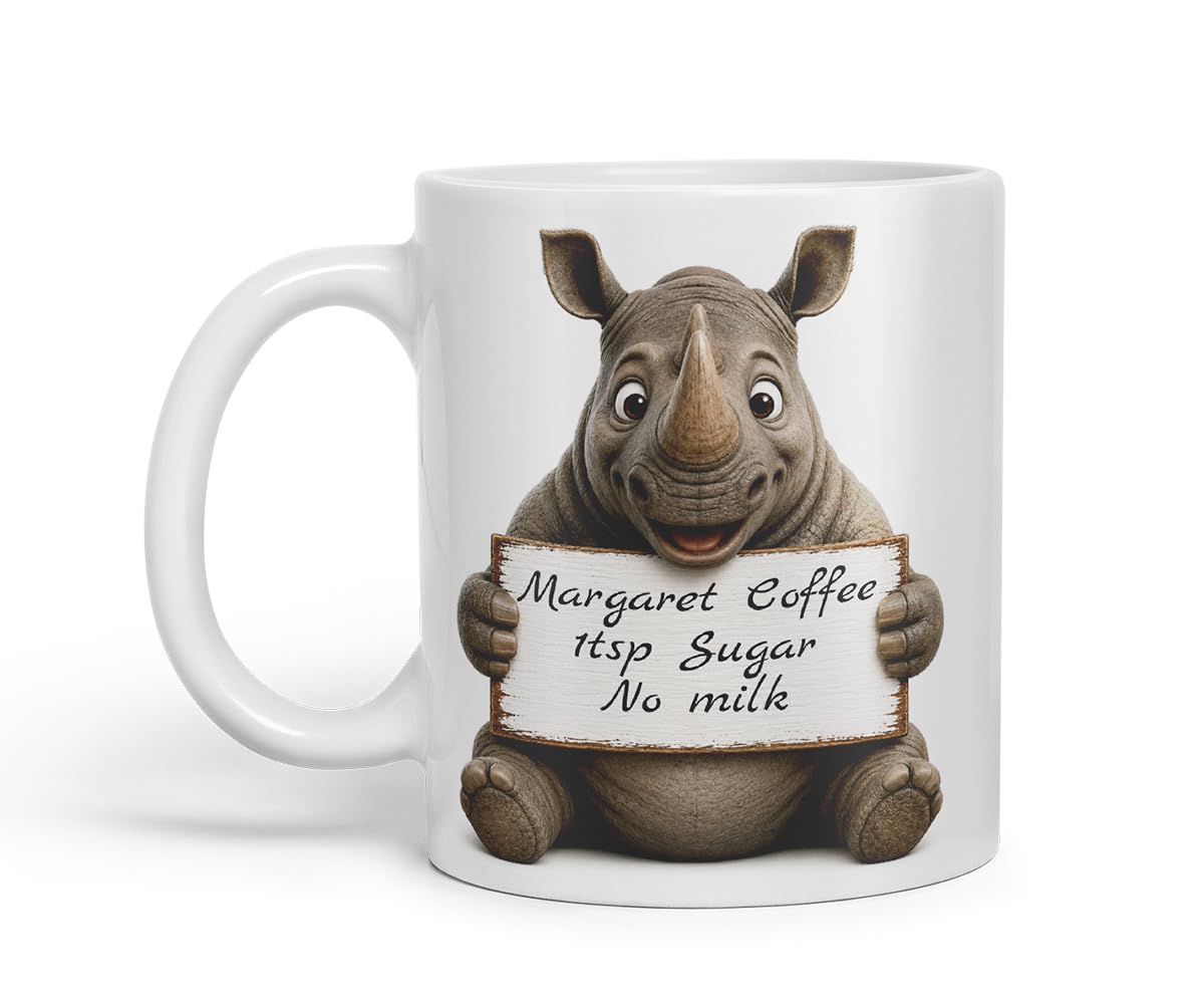 Vixar Personalised Rhino Mug with Name or Custom Message – Cute Animal Coloured Ceramic Mug Cup Gift, 11oz (Black)