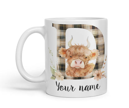 Vixar Personalised Highland Cow Initial Letter D Custom Name Mug – Coloured Ceramic Mug Cup Gift, 11oz (Black)