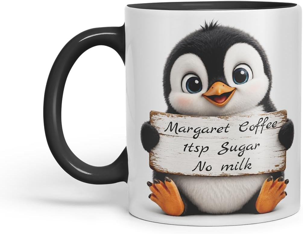 Vixar Personalised Penguin Mug with Name or Custom Message – Cute Animal Coloured Ceramic Mug Cup Gift, 11oz (Black)