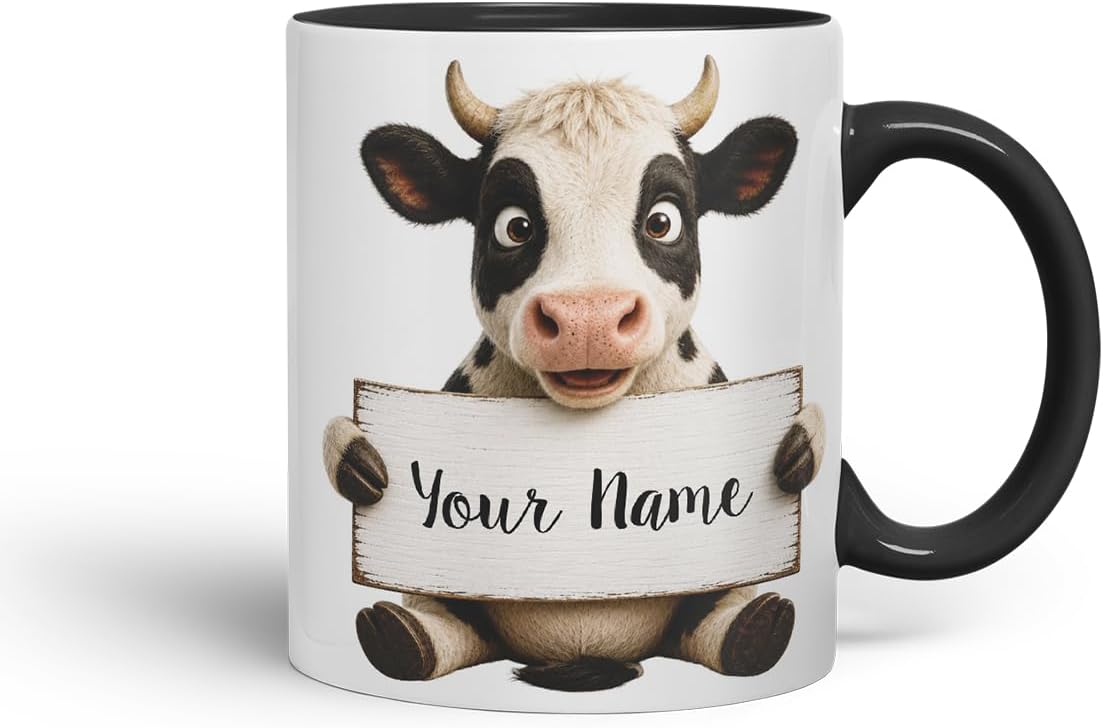 Vixar Personalised Cow Mug with Name or Custom Message – Cute Animal Coloured Ceramic Mug Cup Gift, 11oz (Black)