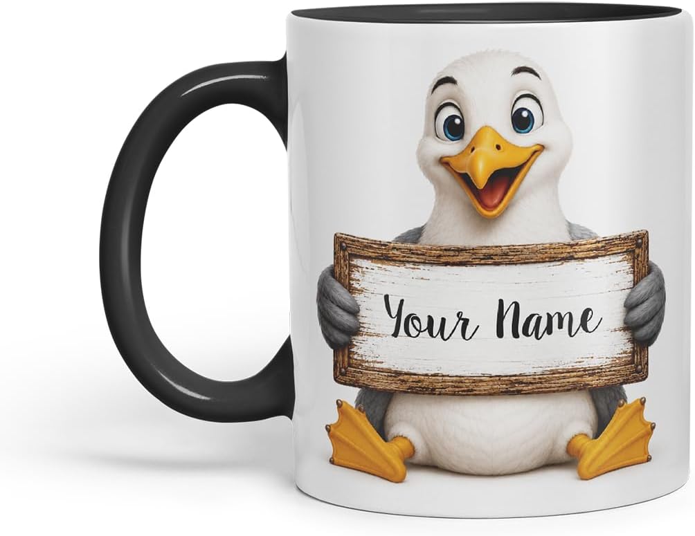 Vixar Personalised Seagull Mug with Name or Custom Message – Cute Animal Coloured Ceramic Mug Cup Gift, 11oz (Black)