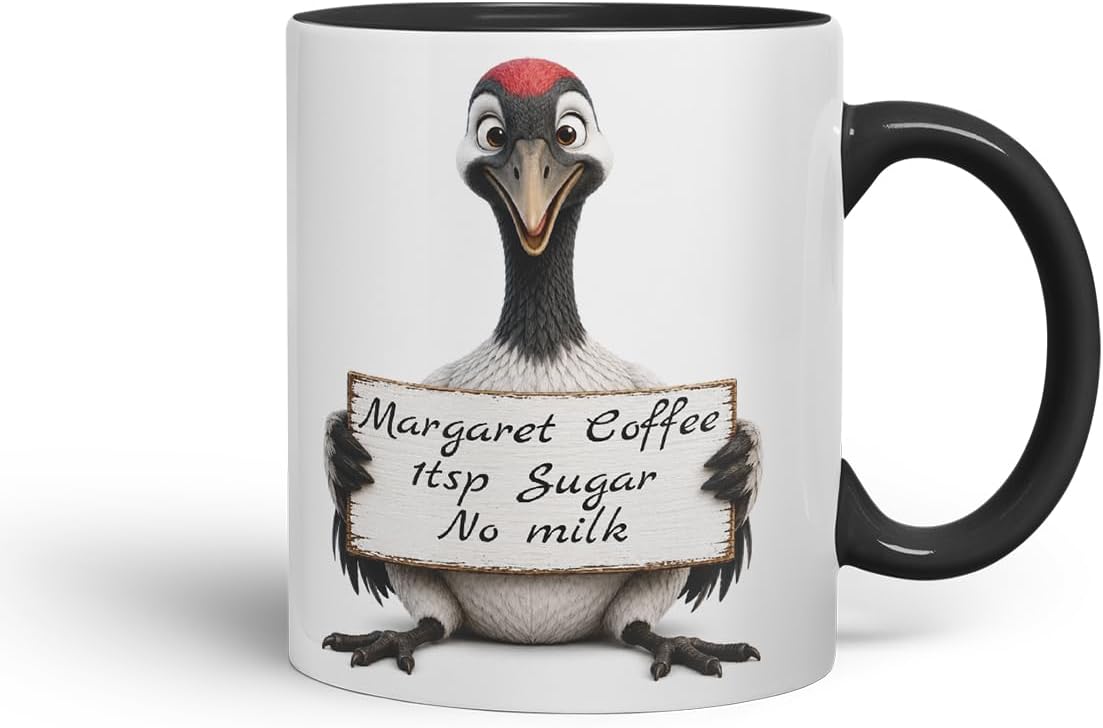 Vixar Personalised Crane Bird Mug with Name or Custom Message – Cute Animal Coloured Ceramic Mug Cup Gift, 11oz (Black)