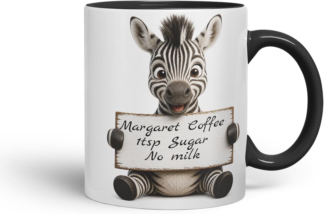 Vixar Personalised Zebra Mug with Name or Custom Message – Cute Animal Coloured Ceramic Mug Cup Gift, 11oz (Black)