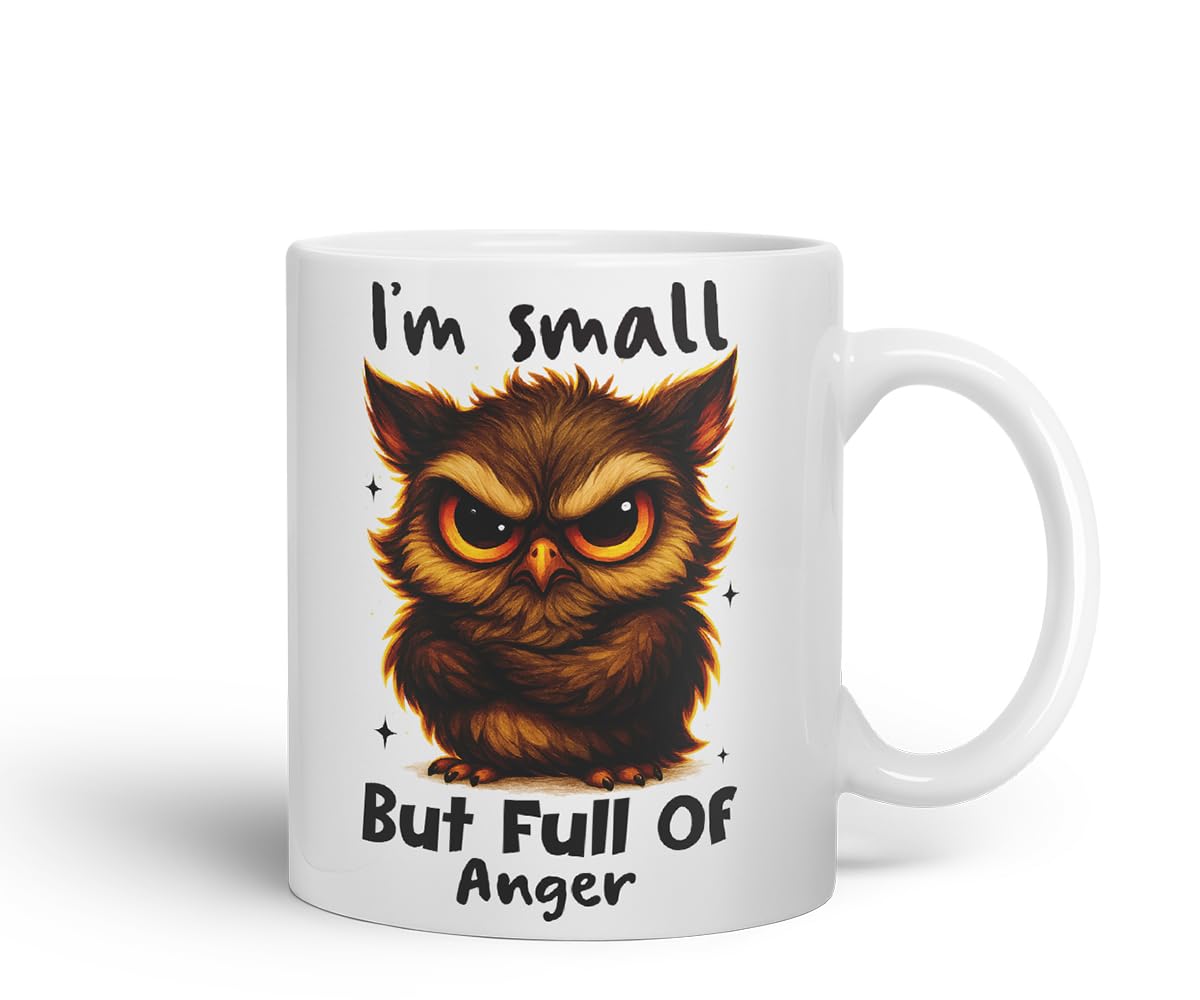 Vixar I'm Small But Full of Anger Sarcastic Owl – Coloured Ceramic Mug Cup Gift, 11oz (Black)