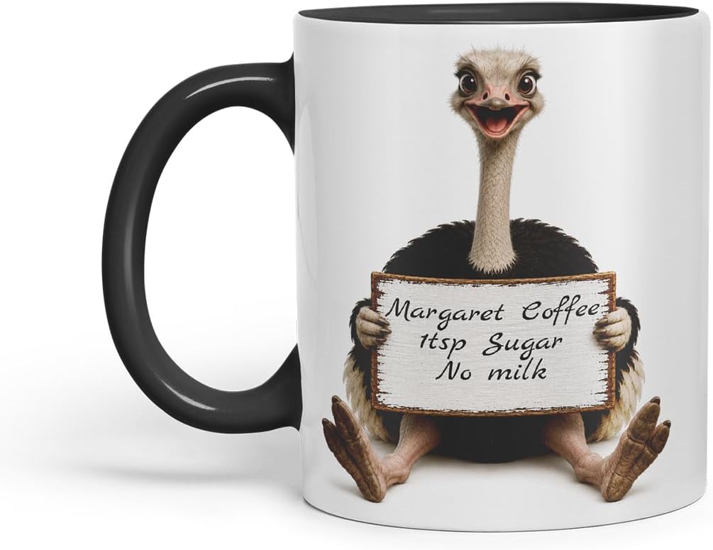 Vixar Personalised Ostrich Mug with Name or Custom Message – Cute Animal Coloured Ceramic Mug Cup Gift, 11oz (Black)