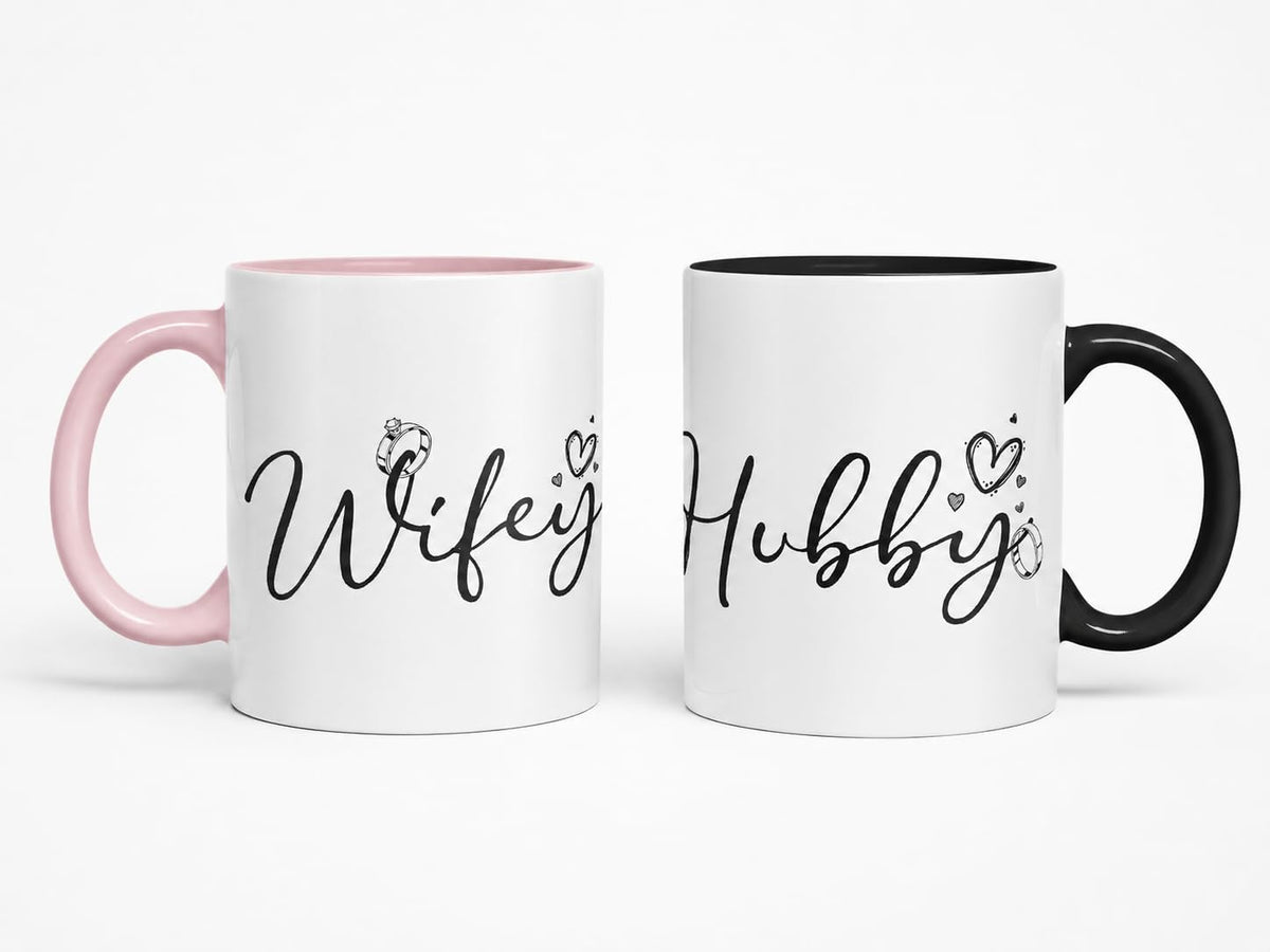 Vixar Wifey and Hubby Script Wedding Ring Couple Mugs – Coloured Ceramic Mugs Cups Gift, 11oz, Set of 2