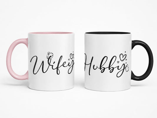 Vixar Wifey and Hubby Script Wedding Ring Couple Mugs – Coloured Ceramic Mugs Cups Gift, 11oz, Set of 2
