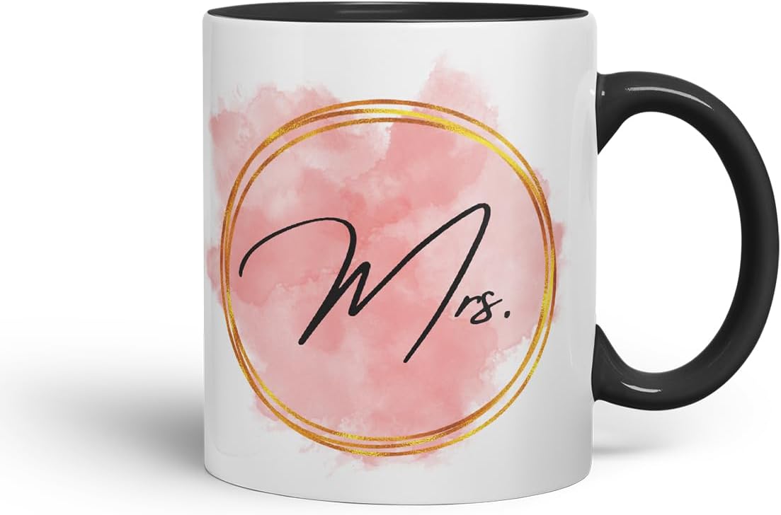 Vixar Mrs Watercolour Wedding Couple Mug – Coloured Ceramic Mug Cup Gift, 11oz (Black)