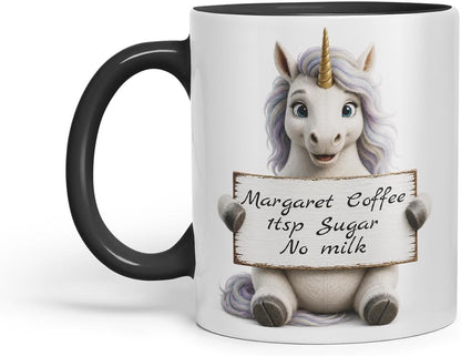 Vixar Personalised Rainbow Unicorn Mug with Name or Custom Message – Cute Animal Coloured Ceramic Mug Cup Gift, 11oz (Black)