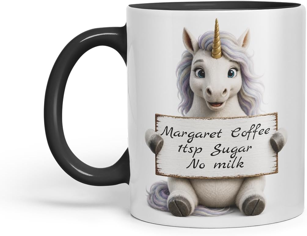 Vixar Personalised Rainbow Unicorn Mug with Name or Custom Message – Cute Animal Coloured Ceramic Mug Cup Gift, 11oz (Black)
