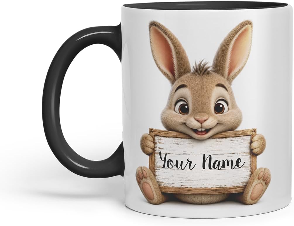 Vixar Personalised Hare Mug with Name or Custom Message – Cute Animal Coloured Ceramic Mug Cup Gift, 11oz (Black)