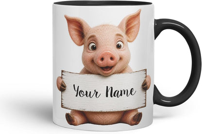 Vixar Personalised Pig Mug with Name or Custom Message – Cute Animal Coloured Ceramic Mug Cup Gift, 11oz (Black)