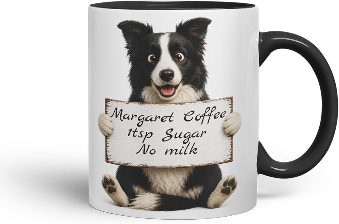 Vixar Personalised Border Collie Mug with Name or Custom Message – Cute Animal Coloured Ceramic Mug Cup Gift, 11oz (Black)