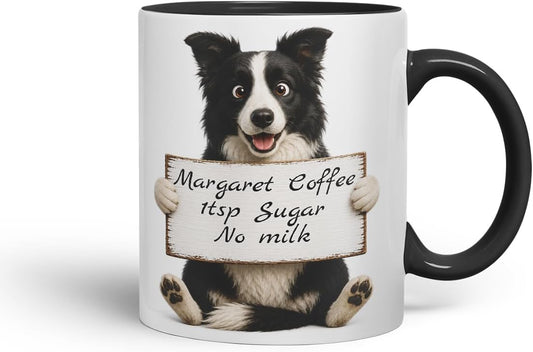 Vixar Personalised Border Collie Mug with Name or Custom Message – Cute Animal Coloured Ceramic Mug Cup Gift, 11oz (Black)