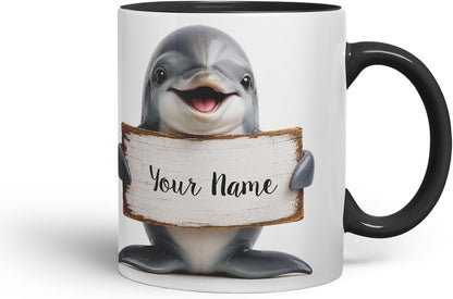 Vixar Personalised Dolphin Mug with Name or Custom Message – Cute Animal Coloured Ceramic Mug Cup Gift, 11oz (Black)