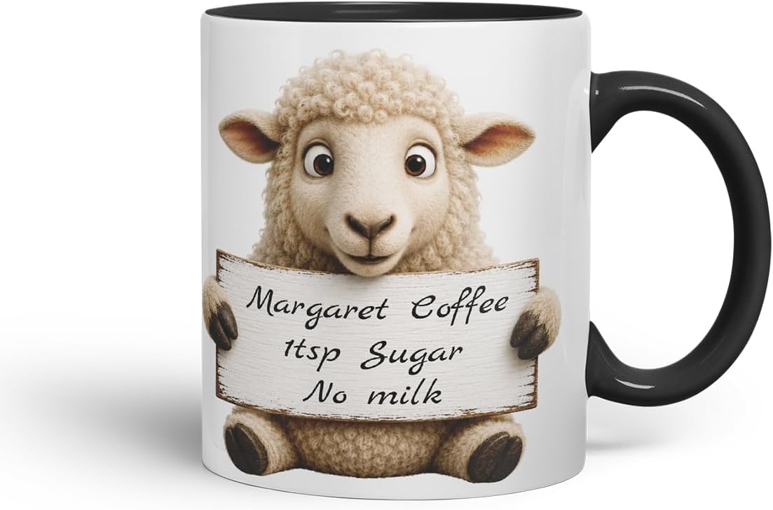 Vixar Personalised Sheep Mug with Name or Custom Message – Cute Animal Coloured Ceramic Mug Cup Gift, 11oz (Black)