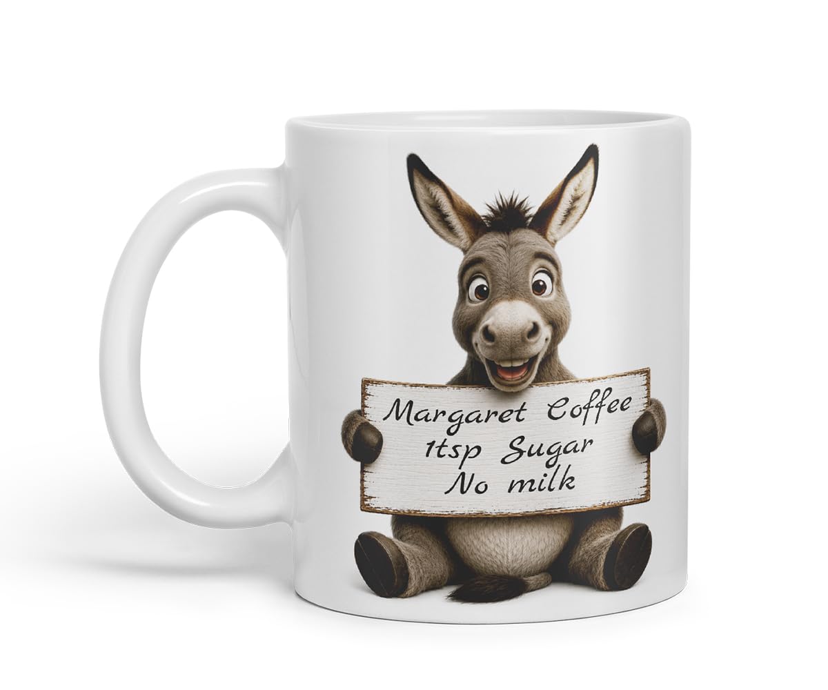 Vixar Personalised Donkey Mug with Name or Custom Message – Cute Animal Coloured Ceramic Mug Cup Gift, 11oz (Black)