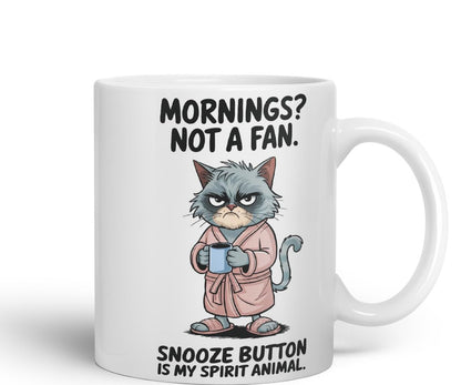 Vixar Mornings Not A Fan Snooze Button Cat Mug – Coloured Ceramic Mug Cup Gift, 11oz (Black)