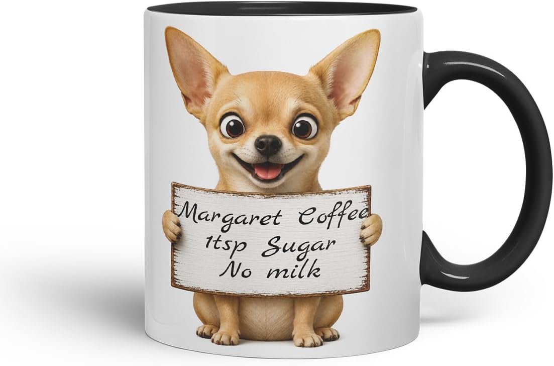Vixar Personalised Short Hair Chihuahua Mug with Name or Custom Message – Cute Animal Coloured Ceramic Mug Cup Gift, 11oz (Black)