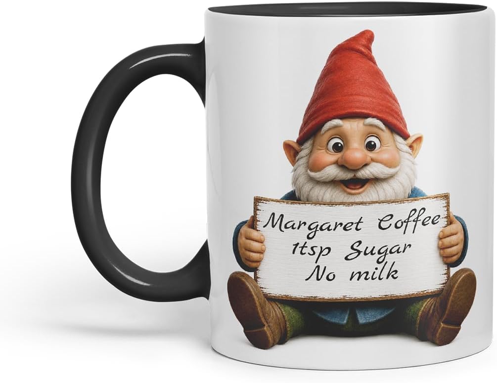 Vixar Personalised Gnome Mug with Name or Custom Message – Cute Animal Coloured Ceramic Mug Cup Gift, 11oz (Black)