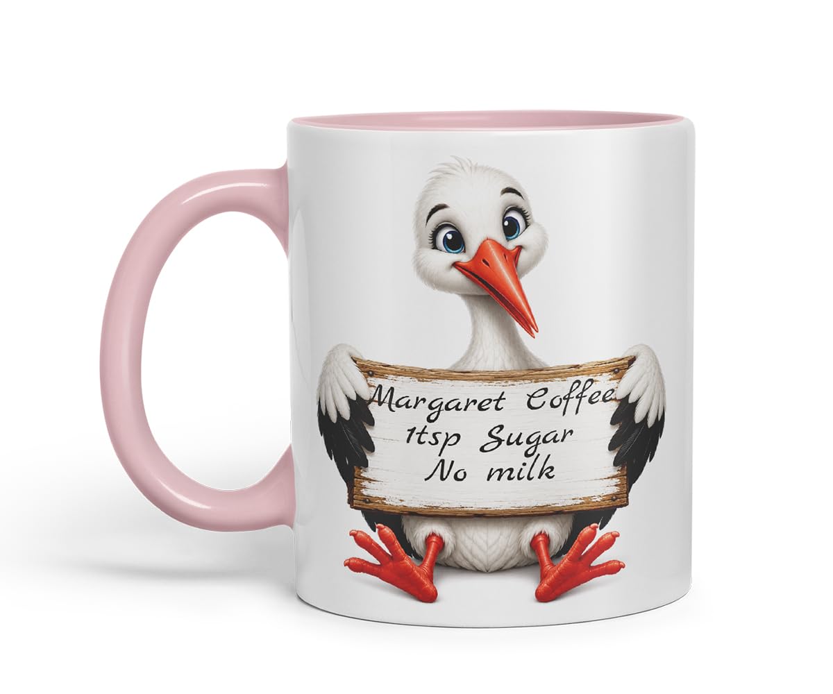 Vixar Personalised Stork Mug with Name or Custom Message – Cute Animal Coloured Ceramic Mug Cup Gift, 11oz (Black)