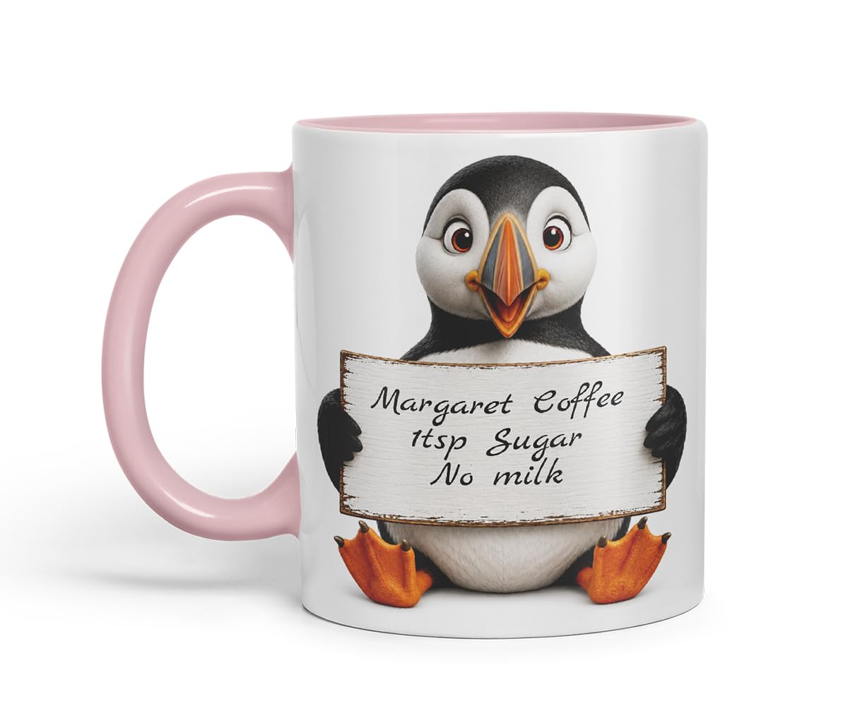 Vixar Personalised Puffin Mug with Name or Custom Message – Cute Animal Coloured Ceramic Mug Cup Gift, 11oz (Black)