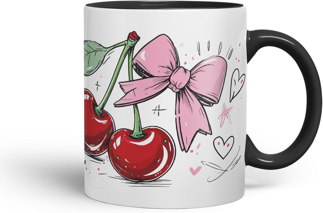 Vixar Cherry Pink Bow Mug – Coloured Ceramic Mug Cup Gift, 11oz (Black)