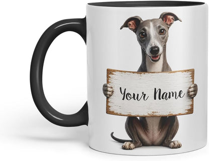 Vixar Personalised Greyhound Mug with Name or Custom Message – Cute Animal Coloured Ceramic Mug Cup Gift, 11oz (Black)