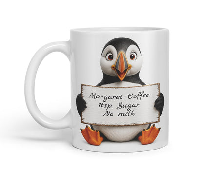 Vixar Personalised Puffin Mug with Name or Custom Message – Cute Animal Coloured Ceramic Mug Cup Gift, 11oz (Black)